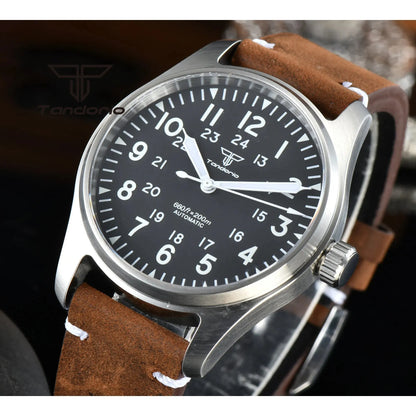 Tandorio 39mm NH35A 20bar Automatic Dive Pilot Men's Watches Sapphire Glass Green Luminous Dial Leather Strap Screw Crown