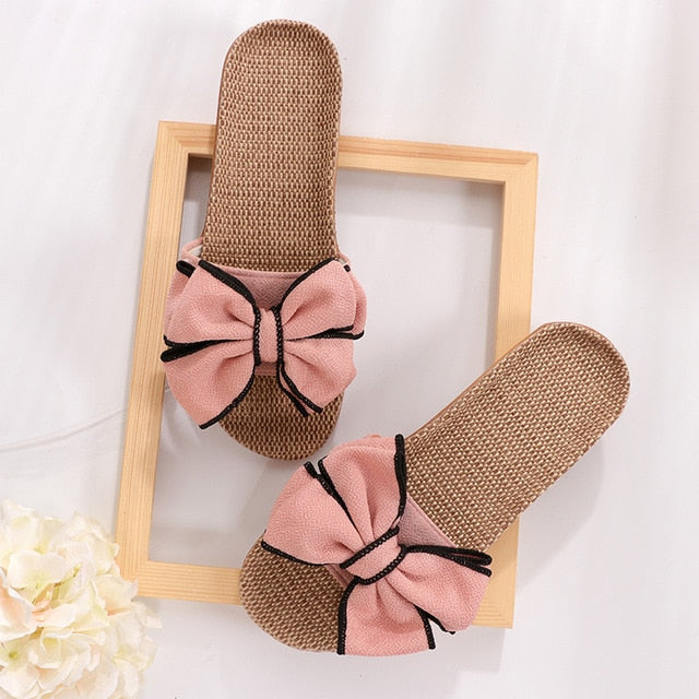 Comfortable Flax Slippers Striped Bow Linen Flip Flops