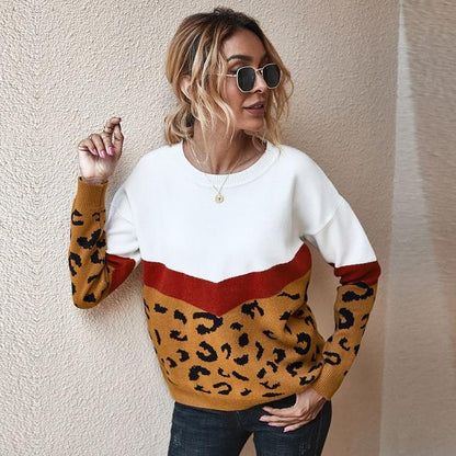 Fashion Leopard Patchwork Knitted Sweater