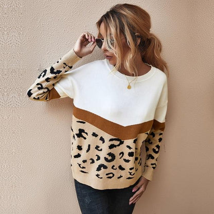 Fashion Leopard Patchwork Knitted Sweater