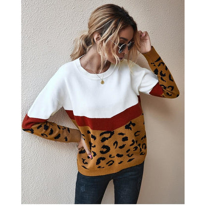 Fashion Leopard Patchwork Knitted Sweater